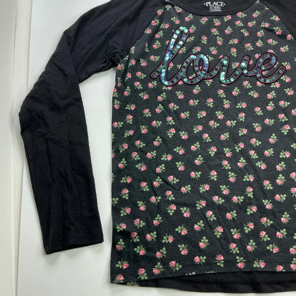 The Children's Place Black Floral Love Sequin Raglan Top Kids Size L 10/12
